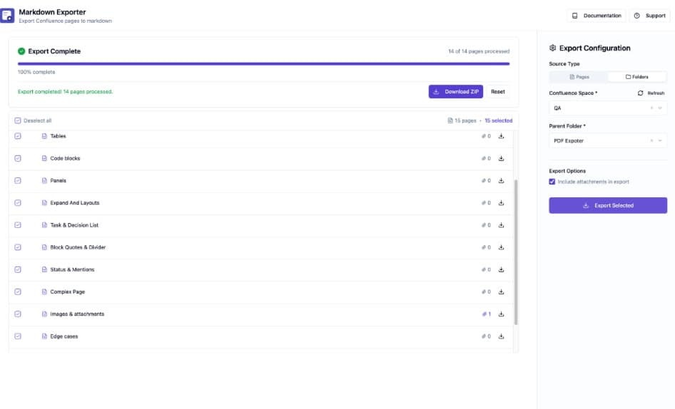 Markdown Exporter for Confluence running inside Confluence