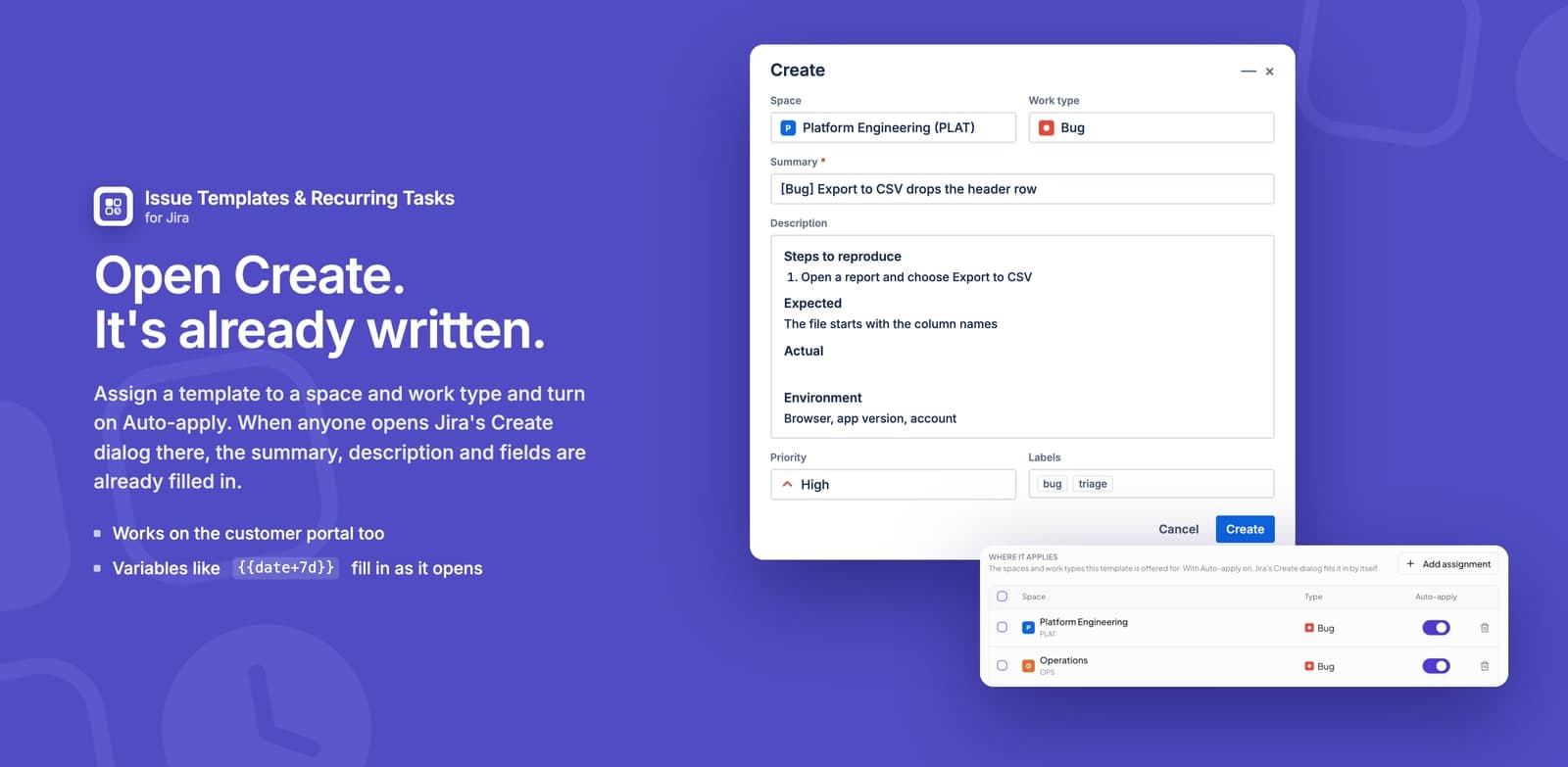Issue Templates & Recurring Tasks for Jira running inside Jira
