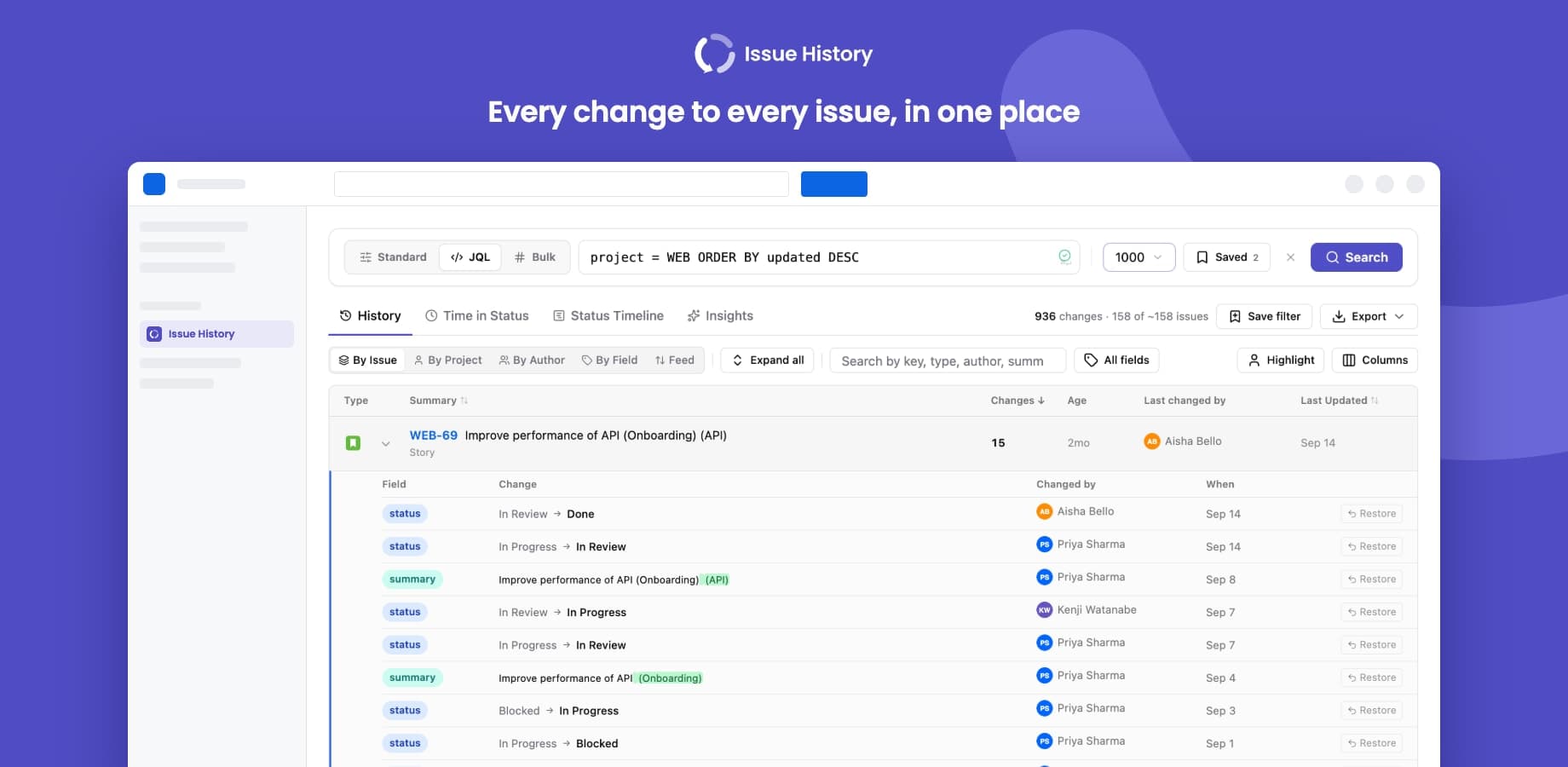 Issue History+ for Jira preview