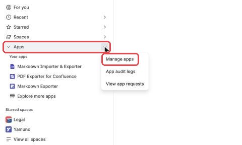 Confluence sidebar: Apps, More actions, Manage apps