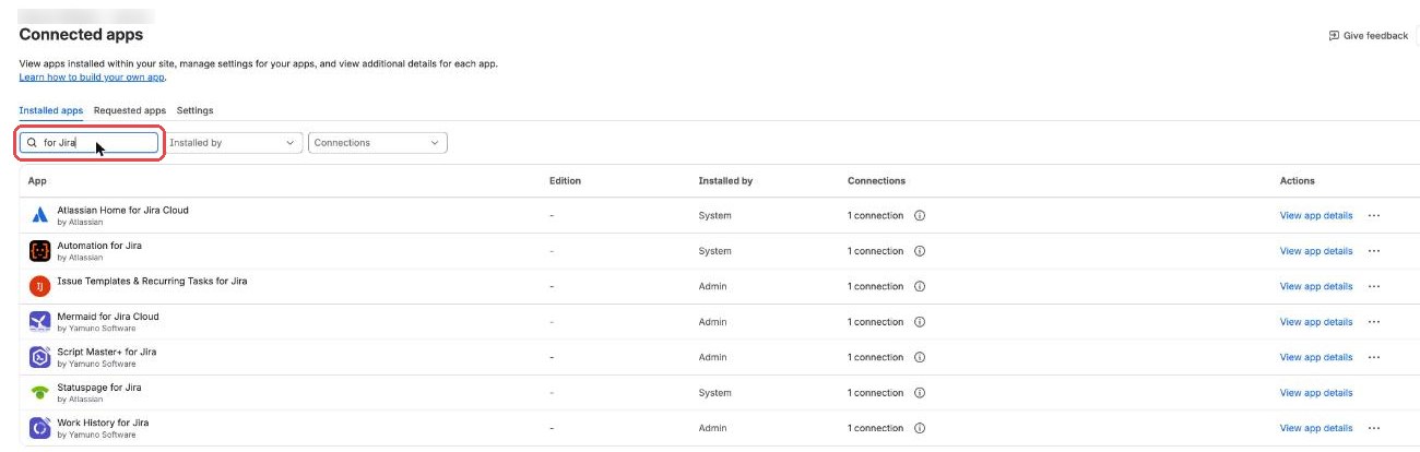 Connected apps: search for the Jira app