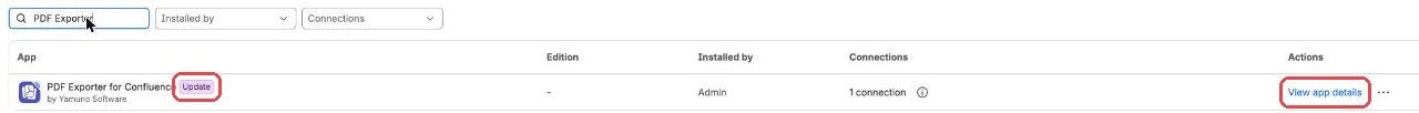 Connected apps: the app has an Update label; click View app details