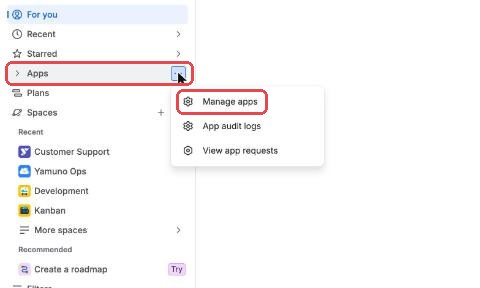 Jira sidebar: Apps, More actions, Manage apps